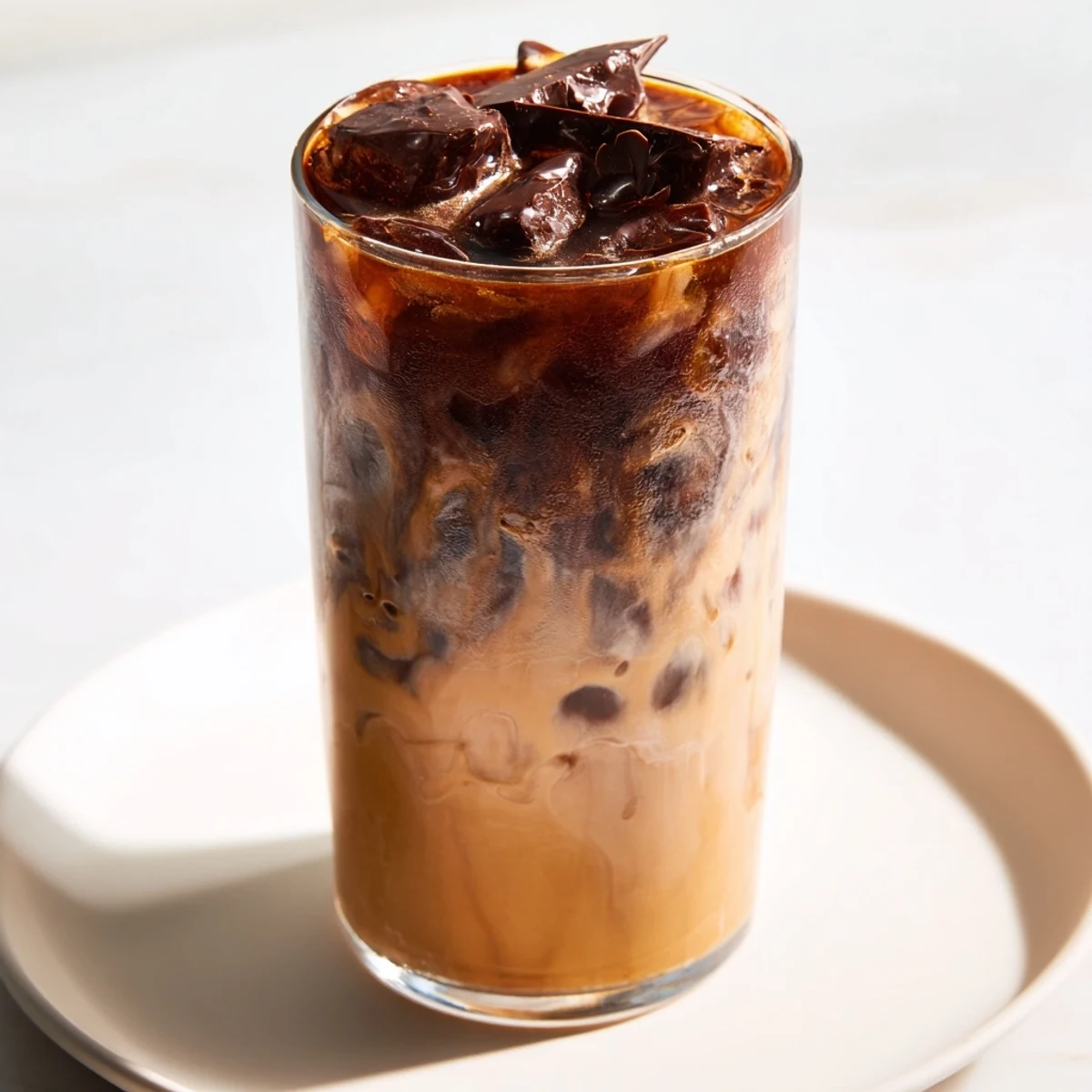 Homemade chocolate cracking iced latte, ready to be cracked and enjoyed cold with friends.