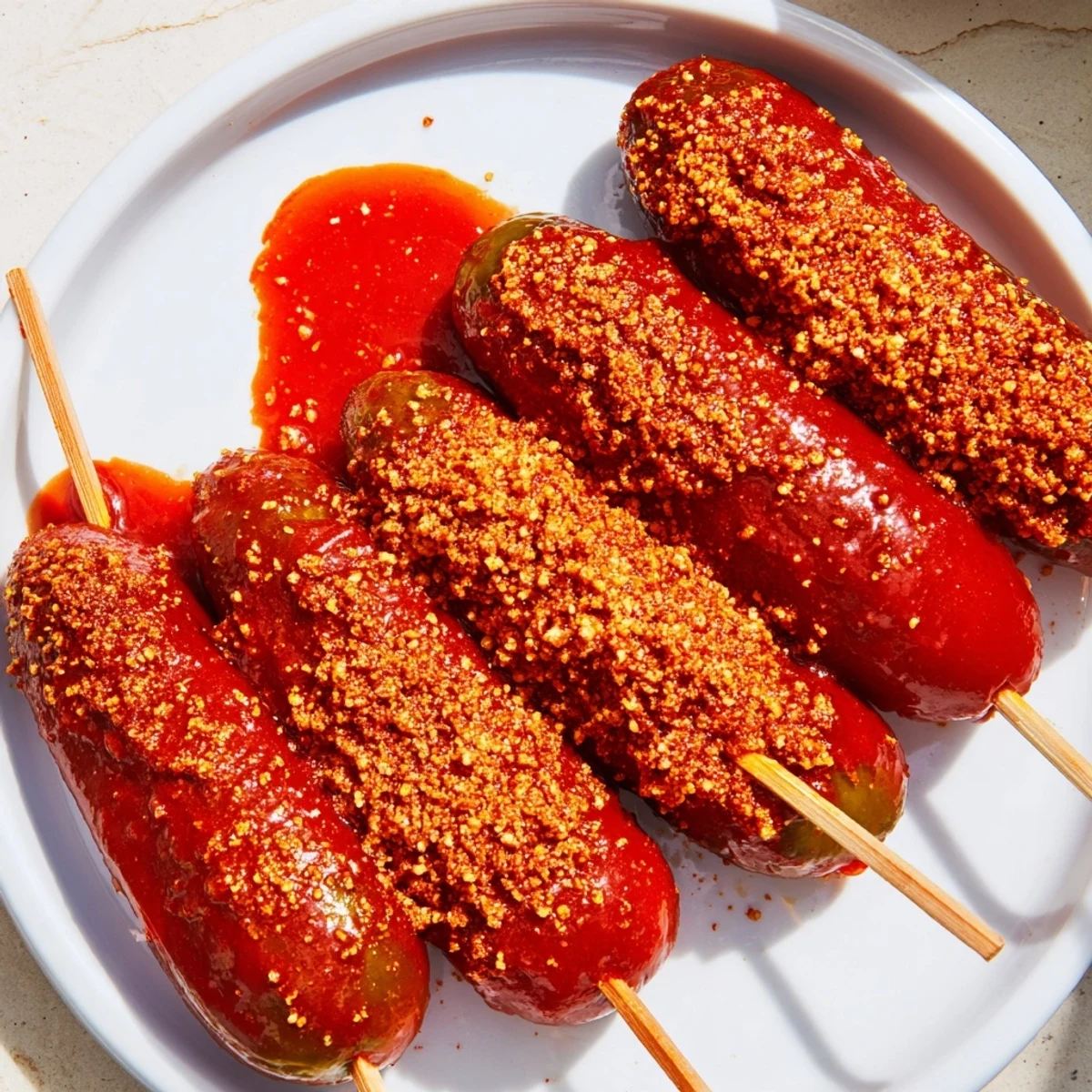 Crisp dill pickles transformed into craveable Chamoy-Tajín pickle sticks, a sweet and spicy Mexican snack.