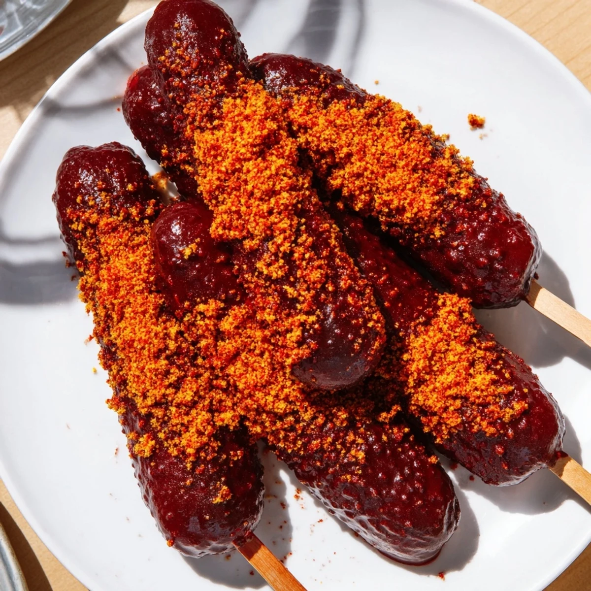 Vivid image: Chamoy-Tajín pickle sticks glistening, coated in vibrant red chamoy with a spicy Tajín dusting.