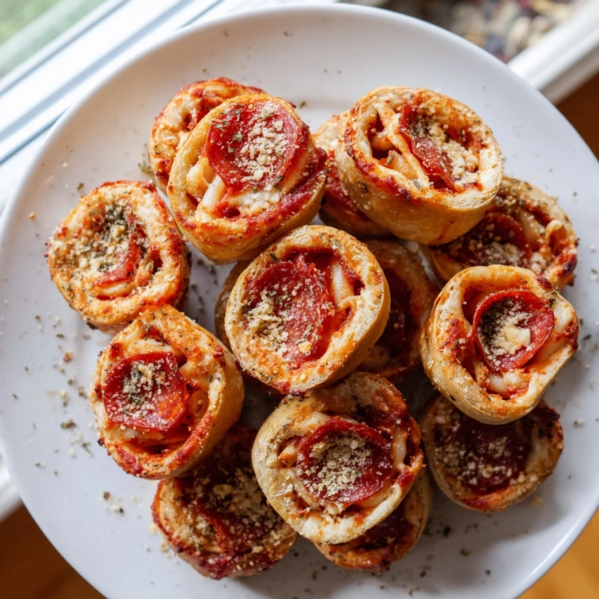 Golden-brown air fryer pizza rolls, hot from the fryer, ready for dipping in pizza sauce.