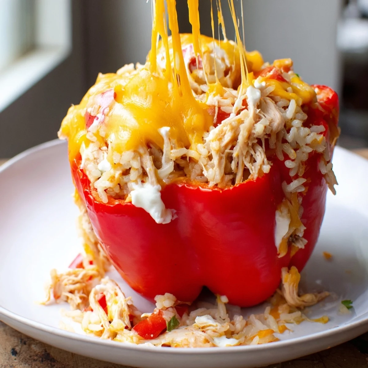 Golden, bubbly Cheesy Chicken Stuffed Peppers, a family-favorite dinner bursting with flavor and cheese.