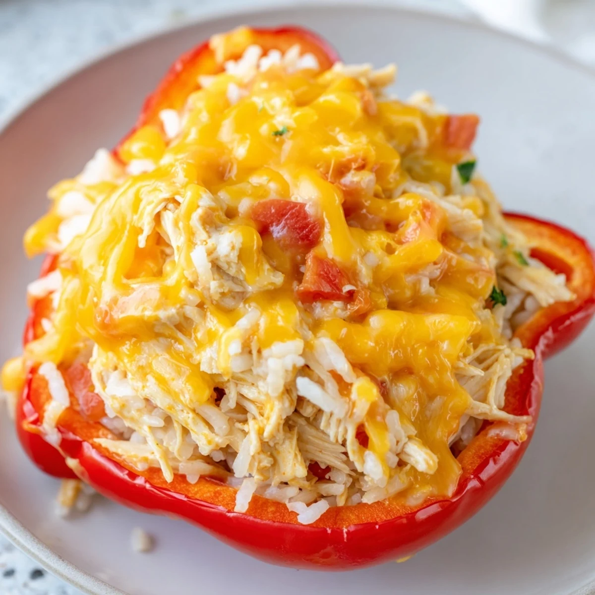 Delicious Cheesy Chicken Stuffed Peppers, hearty and colorful, ready to serve with a side salad.