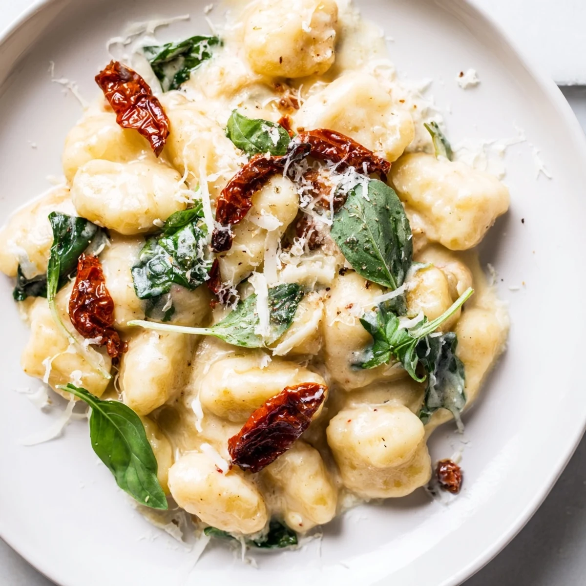 Creamy Tuscan Gnocchi simmering in a skillet with spinach, a rich, vibrant cream sauce.