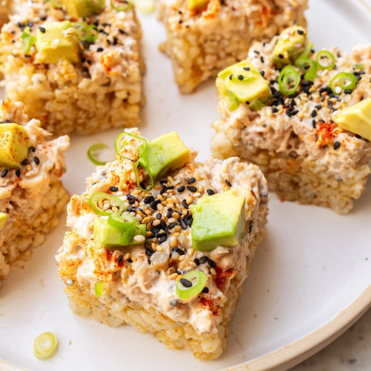 Golden-brown Spicy Tuna Crispy Rice appetizers topped with creamy tuna and avocado, perfect for sharing.