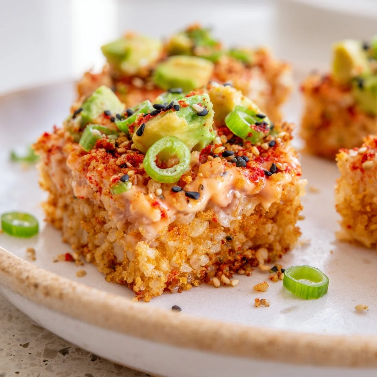 A close-up of beautifully plated Spicy Tuna Crispy Rice features crispy rice squares and vibrant toppings.