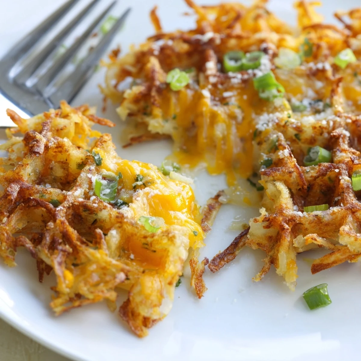 Golden-brown, crispy Cheesy Hash Brown Waffles, served with a dollop of sour cream, are perfect for brunch.