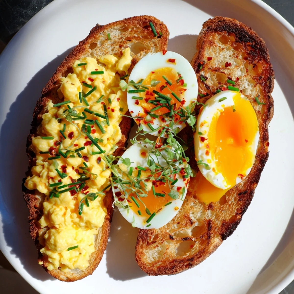 Golden, crispy Egg Flight Toast topped with soft-boiled, scrambled, and fried eggs, a perfect breakfast.