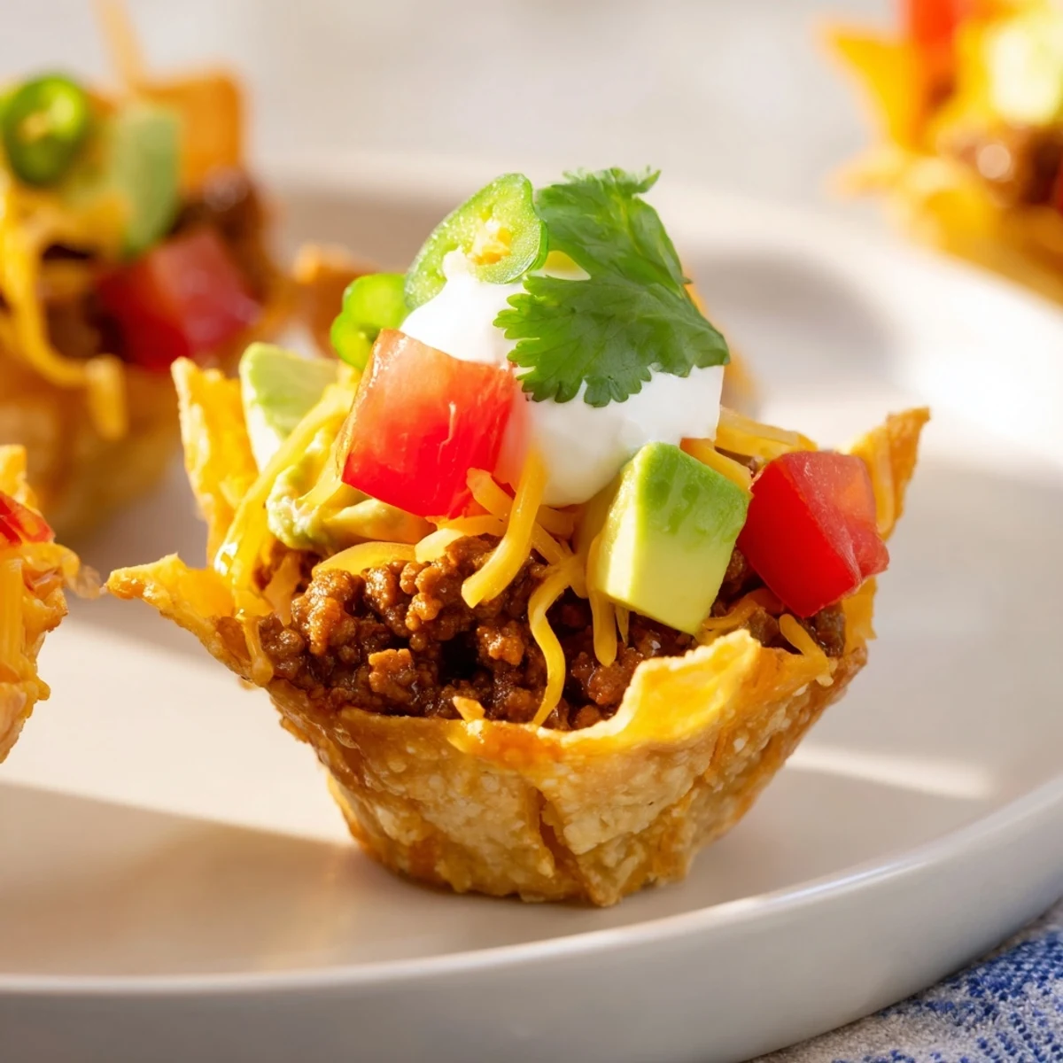 Golden-brown mini taco cups filled with savory beef and melted cheese, ready to be enjoyed.