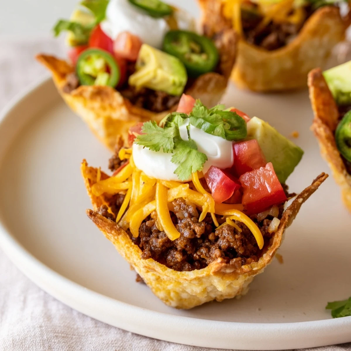 A close-up view of crispy mini taco cups, bursting with seasoned beef and colorful toppings.