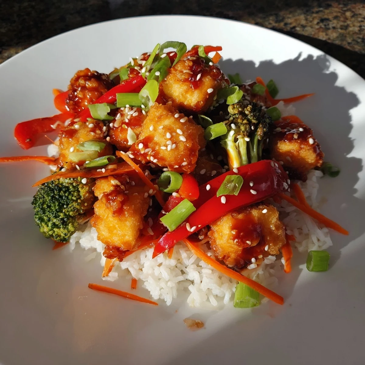 Golden, crispy Honey Garlic Tofu Bowls with vibrant vegetables over fluffy rice, ready to enjoy.