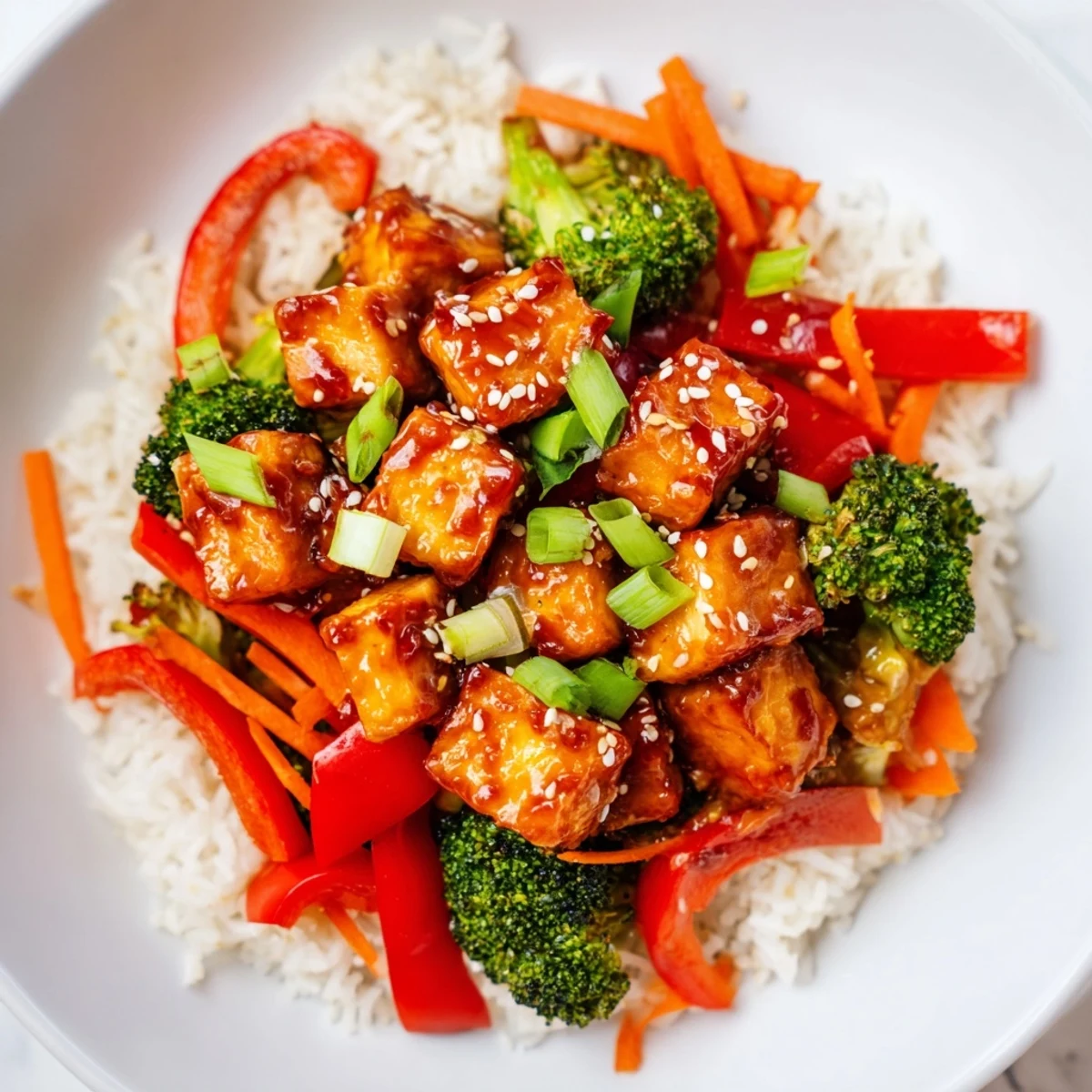 A delicious close-up of Honey Garlic Tofu Bowls: imagine the glistening, sweet-and-savory sauce coating the tofu.