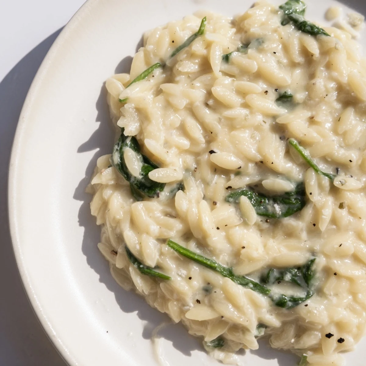Steaming Creamy Spinach Orzo, a one-pan dish with a rich, inviting creamy texture and vibrant green spinach.