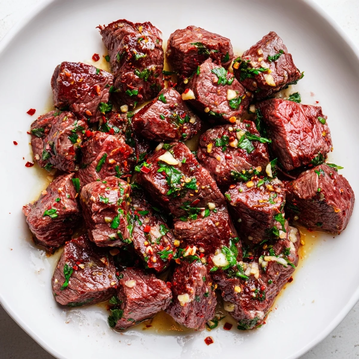 Sizzling pan of Garlic Butter Steak Bites, each morsel coated in a rich, buttery garlic sauce.