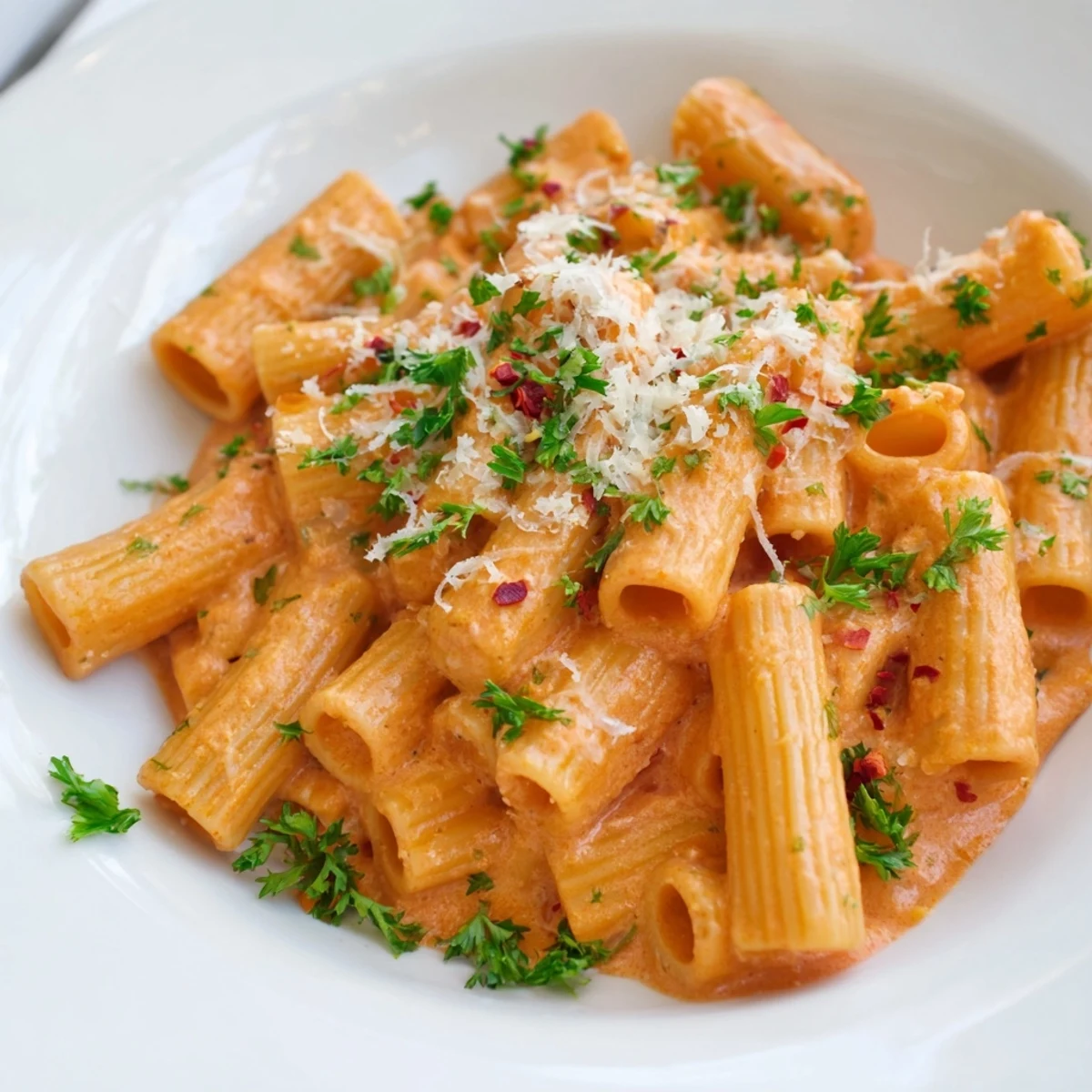A steaming bowl of Gigi Hadid-style spicy rigatoni, rich tomato sauce and fresh herbs.