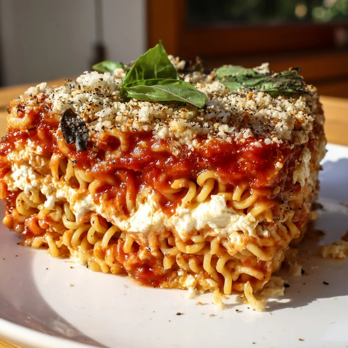 Bubbling, golden Ramen Lasagna fresh from the oven, ready to serve with fragrant basil.