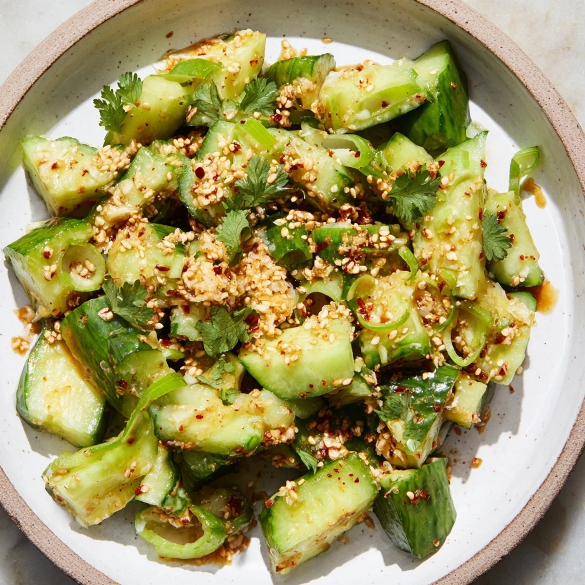 Zesty Chinese Spicy Smashed Cucumber Salad, a vegan delight, garnished with sesame seeds and fresh cilantro.