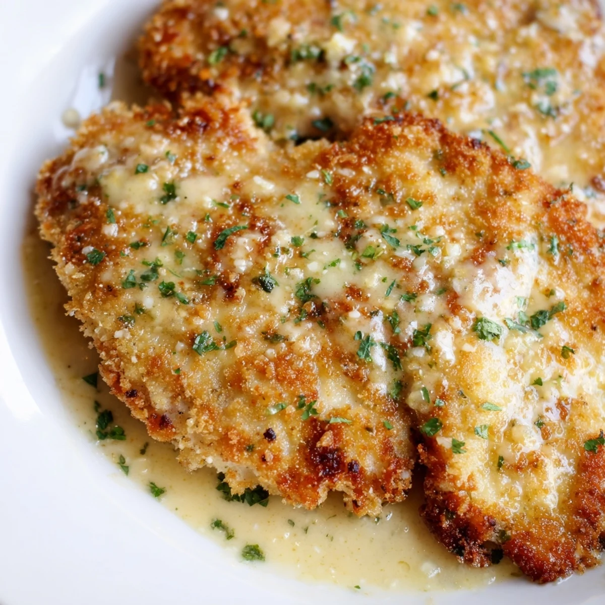 Fresh parsley garnish topping a plate of delicious crispy chicken with garlic cream sauce.