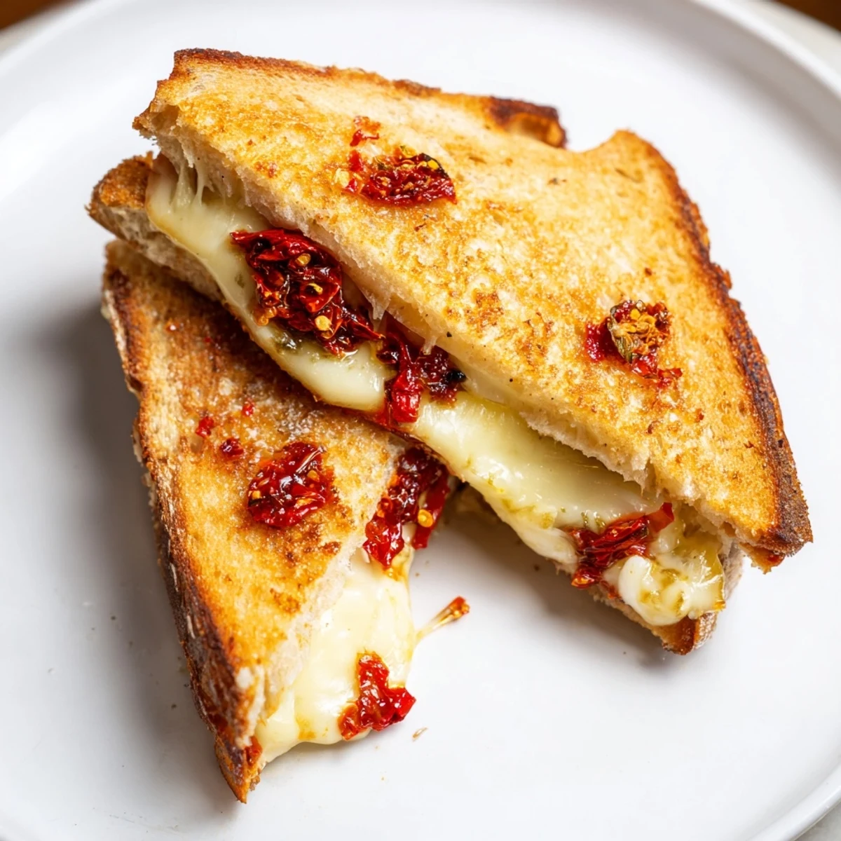 Golden, bubbling Brie and Chili Crisp Grilled Cheese, a gourmet delight ready to be savored.