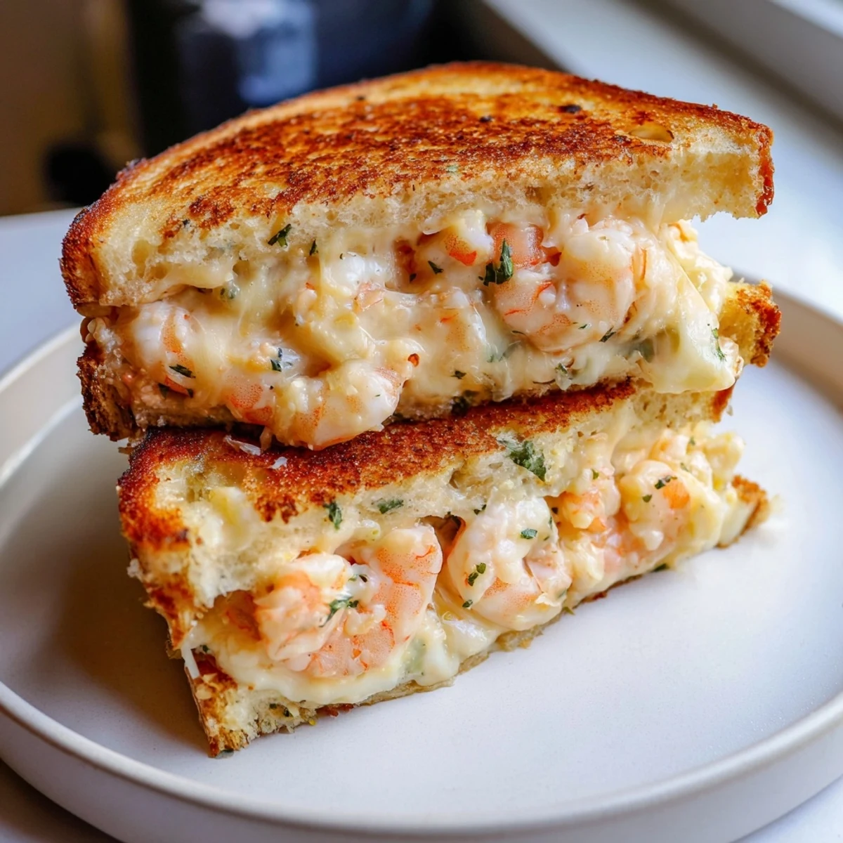 Mouthwatering Quick Shrimp Grilled Cheese, ready to be sliced, showcases a delightful medley of flavors and textures.