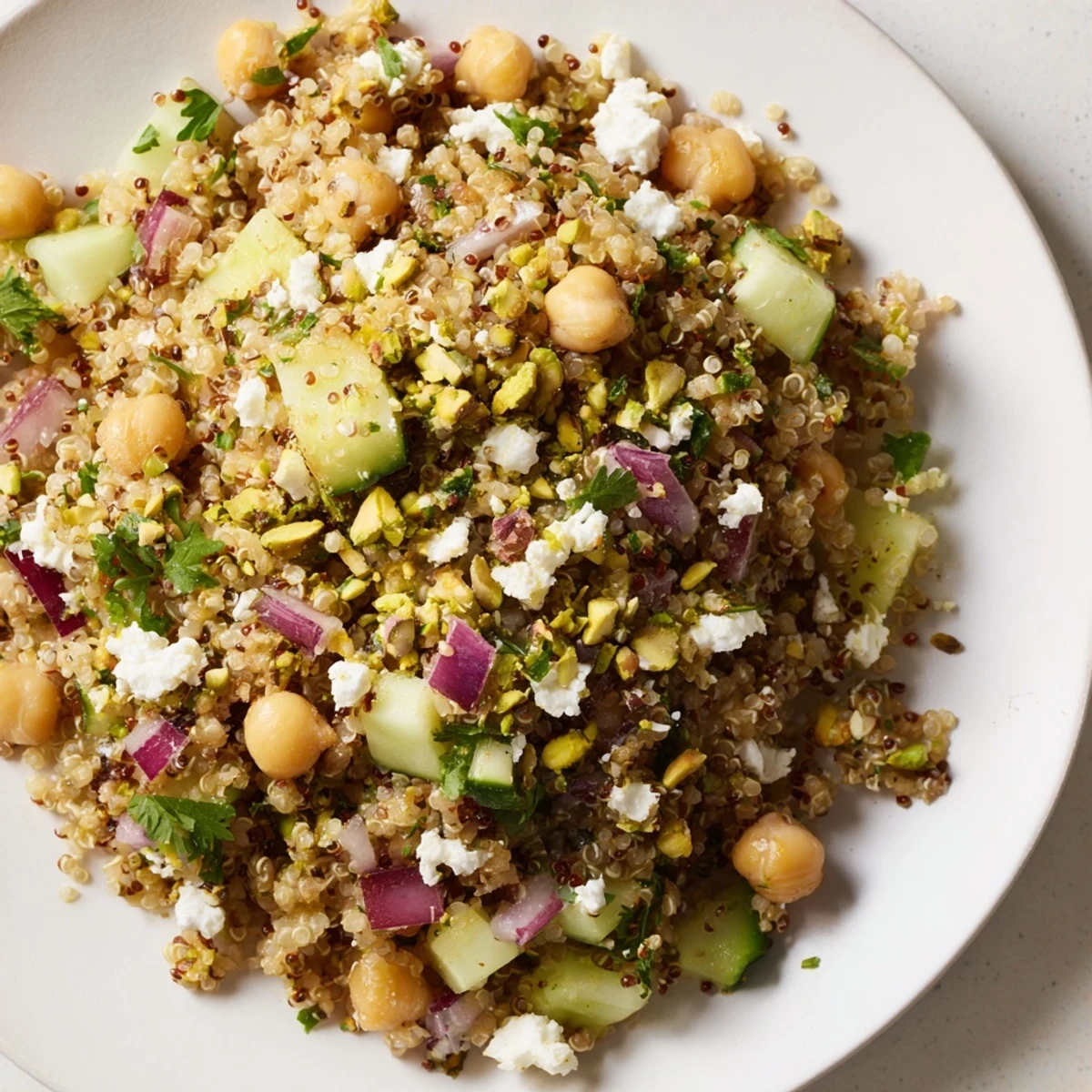 Tossed Jennifer Aniston Salad: a colorful medley of quinoa, chickpeas, feta, and fresh herbs, ready to serve.