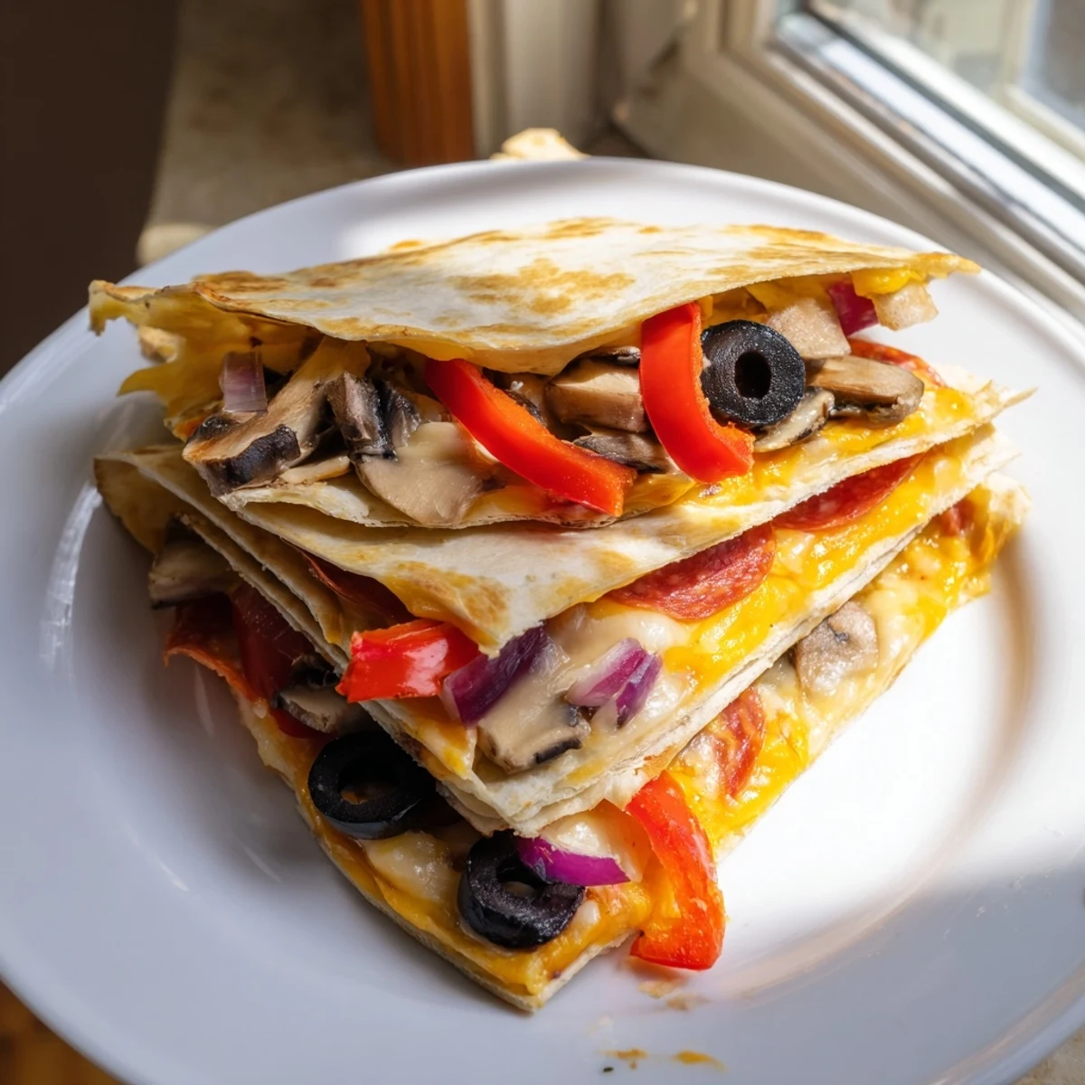 Golden, crispy Tortilla Pizza Wrap filled with melted cheese and delicious pepperoni for dinner.