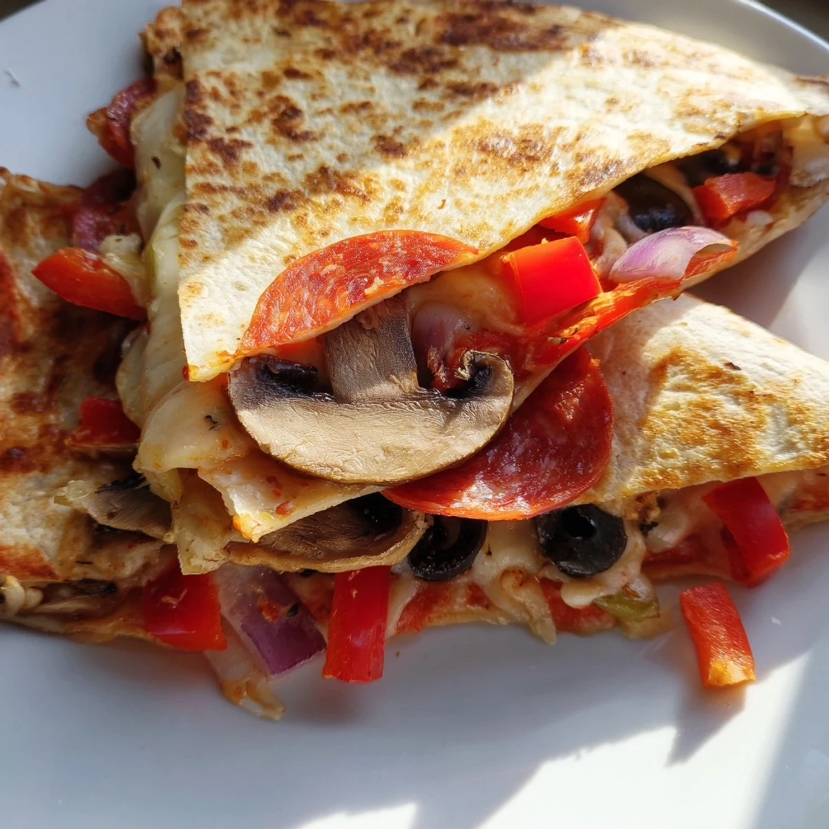 Perfectly browned Tortilla Pizza Wrap with visible toppings of mushrooms and olives ready to eat.