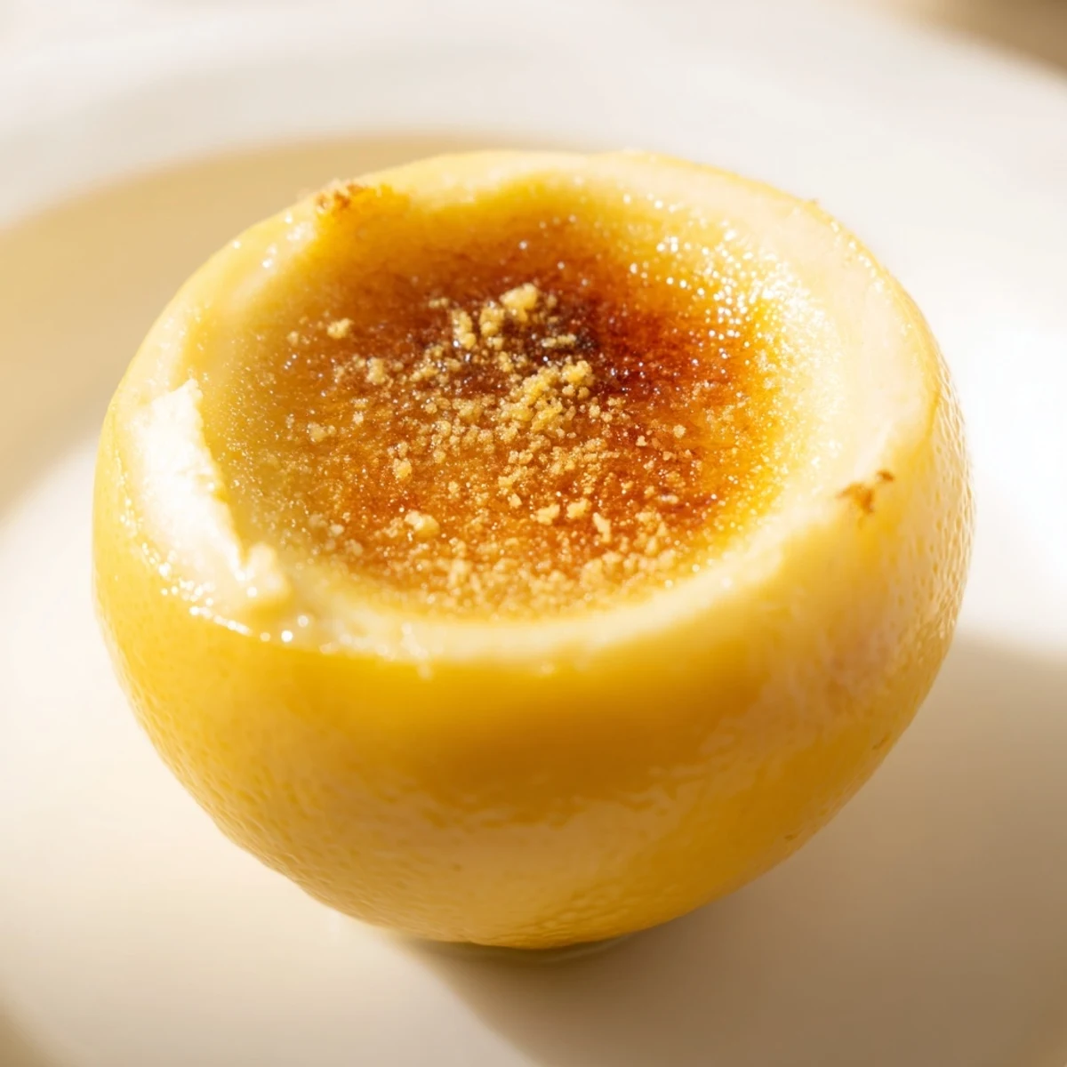 Golden, crisp sugar crust on a vibrant Lemon Brûlée Posset, ideal for a refreshing dessert.