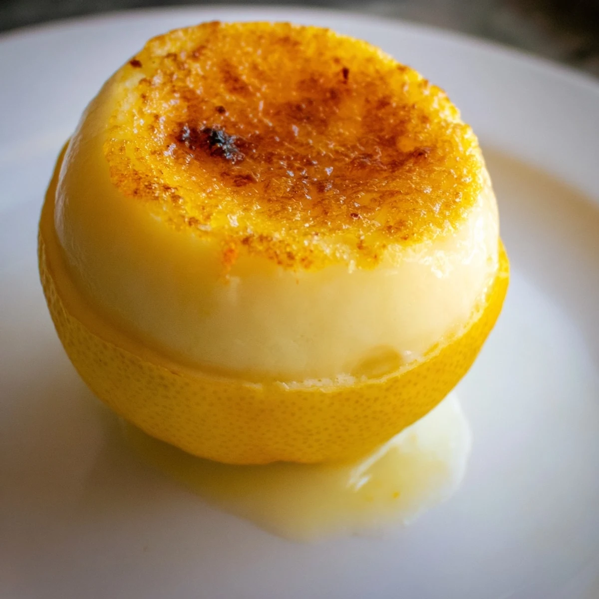 Creamy Lemon Brûlée Posset in lemon shells, topped with caramelized sugar, ready to savor.
