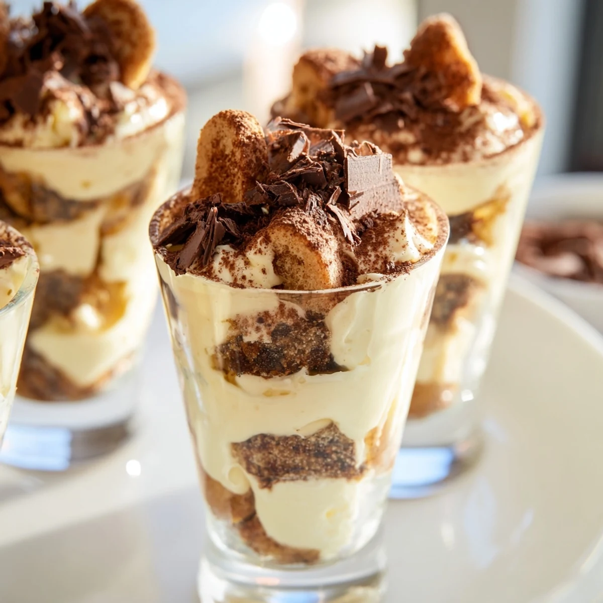 Elegant deconstructed Tiramisu shots, layered shot glass desserts dusted with cocoa and edible chocolate shavings.
