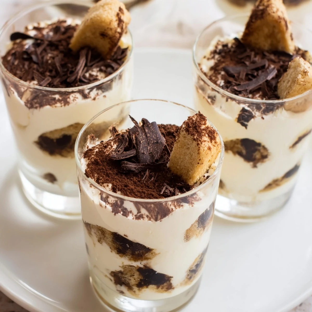 Beautiful close-up of creamy, layered deconstructed Tiramisu shots, ready for a dessert party or special treat.