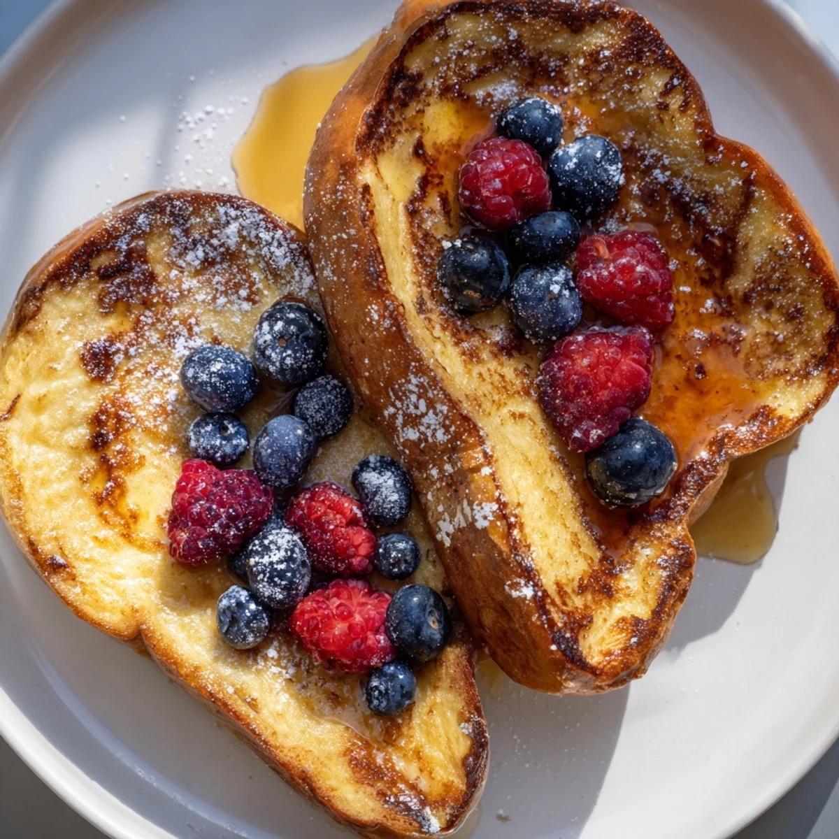 Golden, caramelized Ice Cream French Toast, ready to be served with syrup and fresh berries for brunch.
