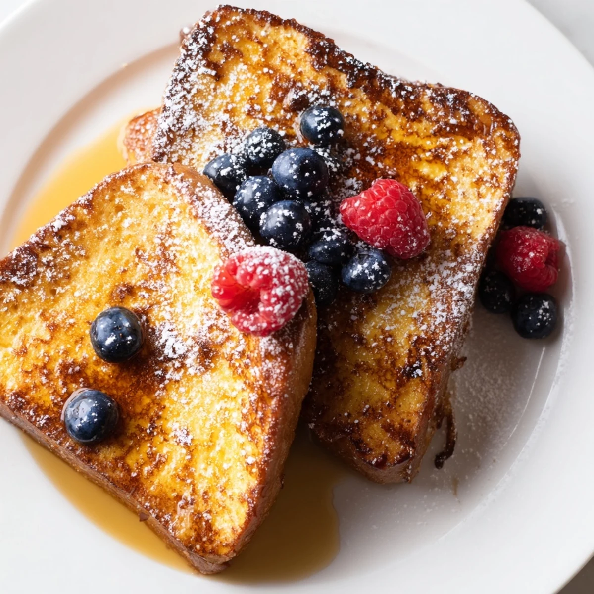 Imagine the aroma: Warm and sweet Ice Cream French Toast, generously topped with maple syrup, ready to eat.
