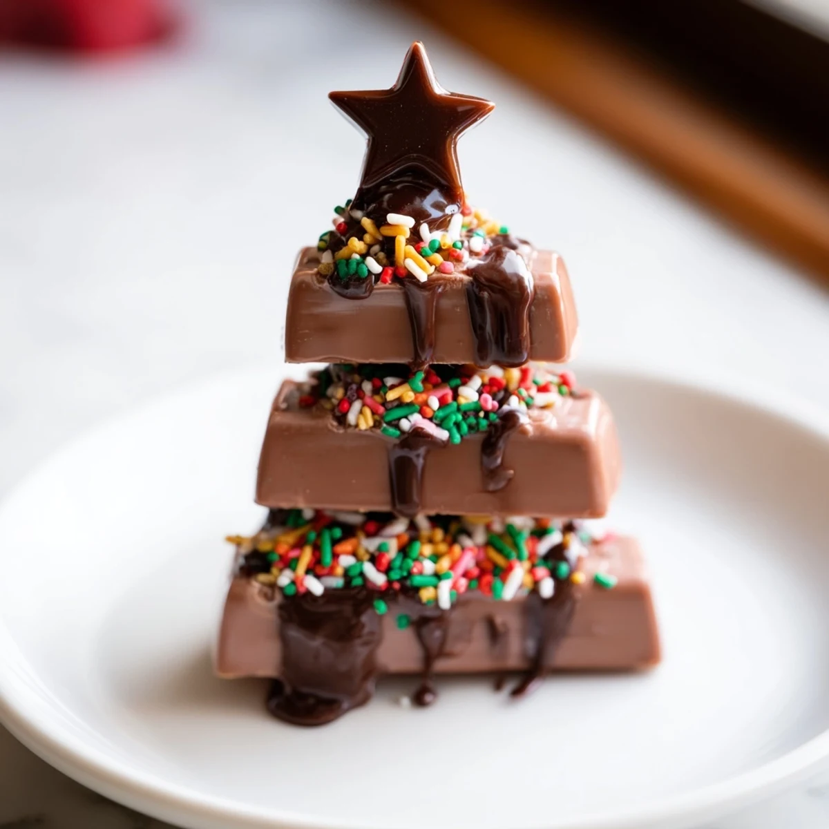 Sweet, chocolatey Chocolate Kinder Christmas Trees ready to be eaten, with star-topped, stacked treats.
