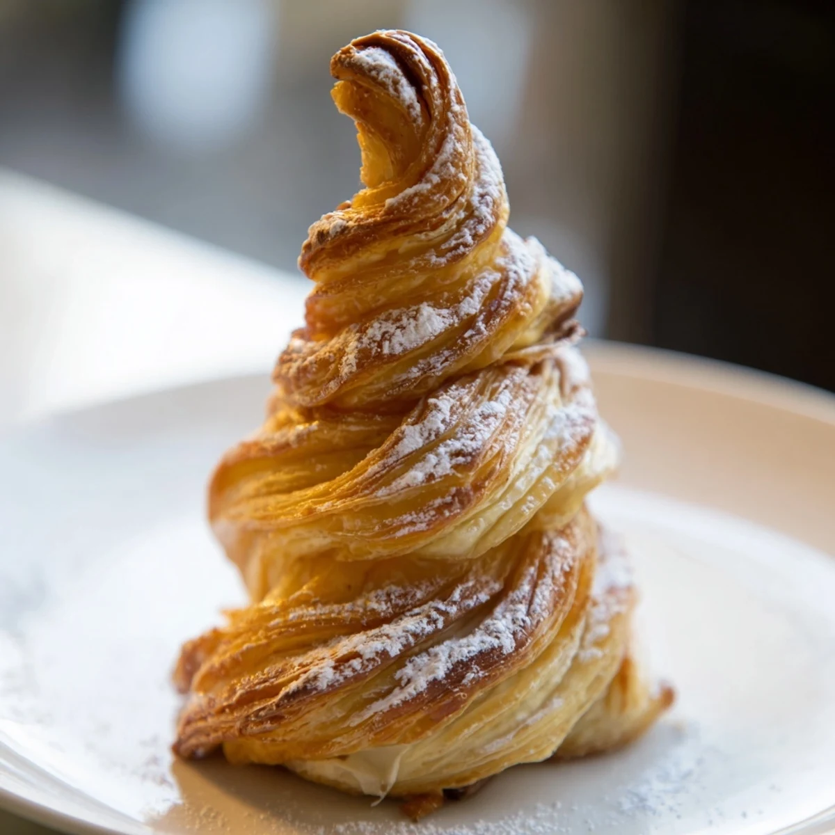 Festive close-up of delicious Nutella Pastry Christmas Trees, dusted with powdered sugar, ready to eat.