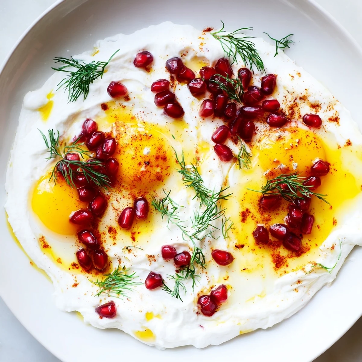 Golden poached eggs atop garlicky yogurt, the vibrant Çılbır dish sprinkled with sumac and pomegranate.