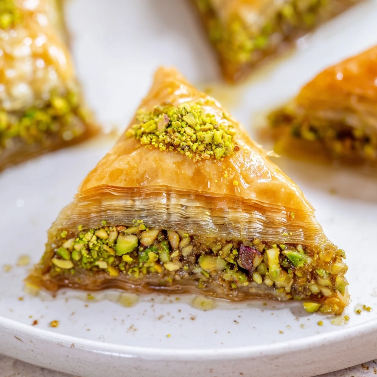 Sweet and sticky Turkish hazelnut & pistachio baklava, ready to serve, dripping with honey flavor.