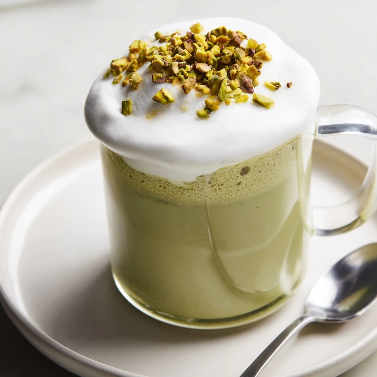 Enjoy a rich, vibrant Pistachio Latte: creamy, frothy, and topped with crunchy pistachios.