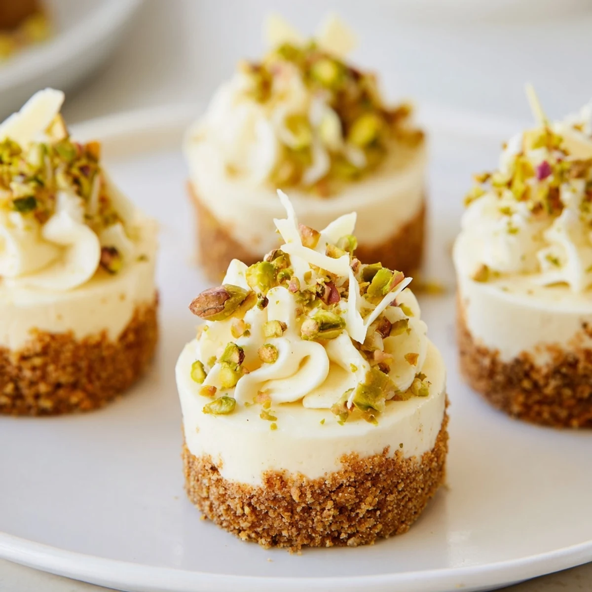 Mini Pistachio Cheesecake Bites, adorned with chopped pistachios, offer a creamy, elegant dessert experience.