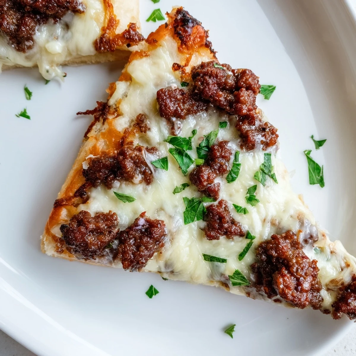 Homemade Ground Beef Alfredo Pizza, crust golden brown next to a creamy Alfredo sauce and beef.