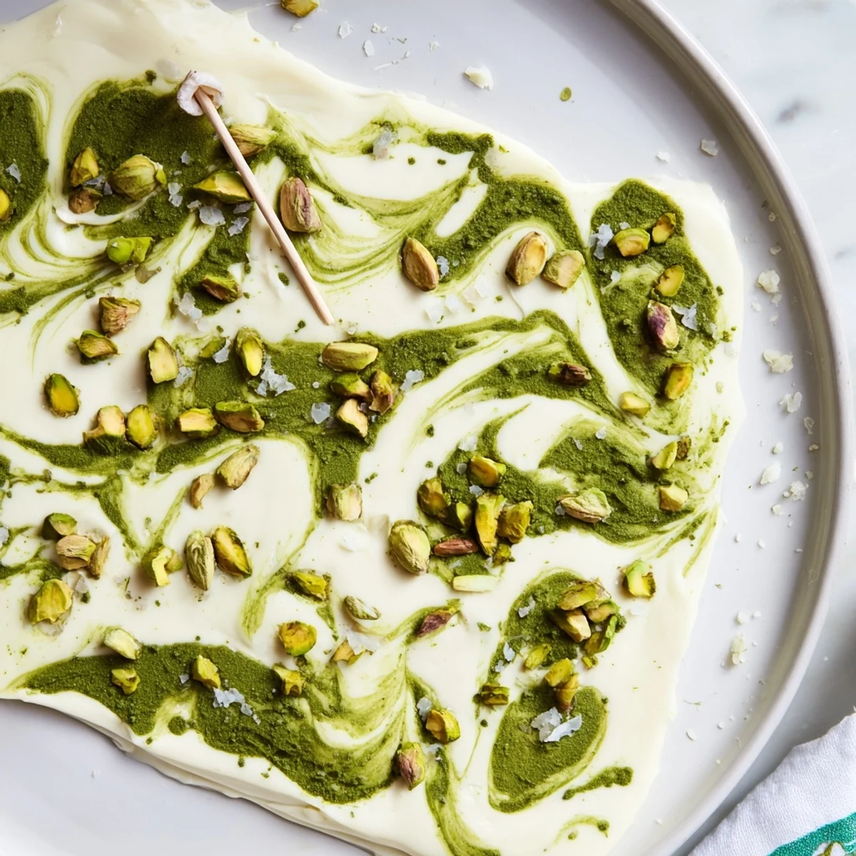 Vibrant Pistachio Matcha White Chocolate bark, swirled with green matcha and topped with crunchy pistachios.