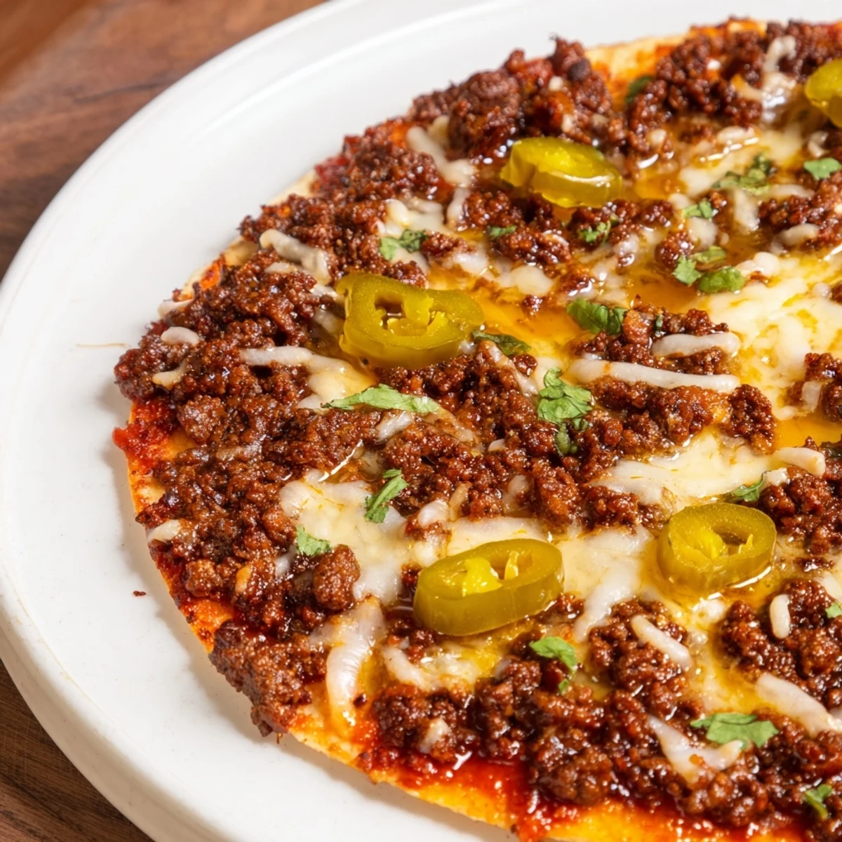 A close-up of a flavorful Spicy Ground Beef Pizza, crispy crust, and a sweet honey drizzle.