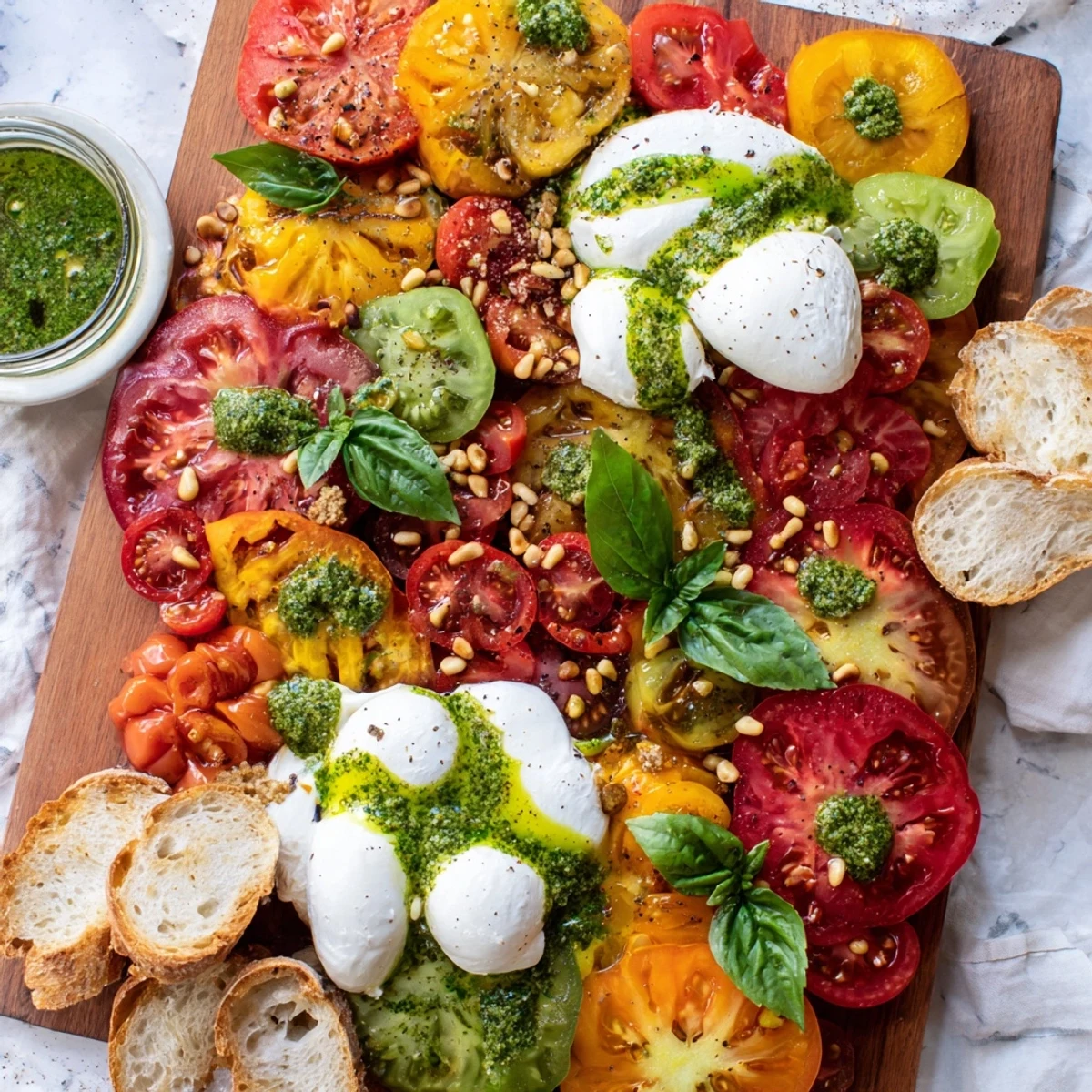 Fresh heirloom tomato salad board with creamy burrata, fragrant basil oil, toasted pine nuts, and crusty bread for a Mediterranean appetizer.