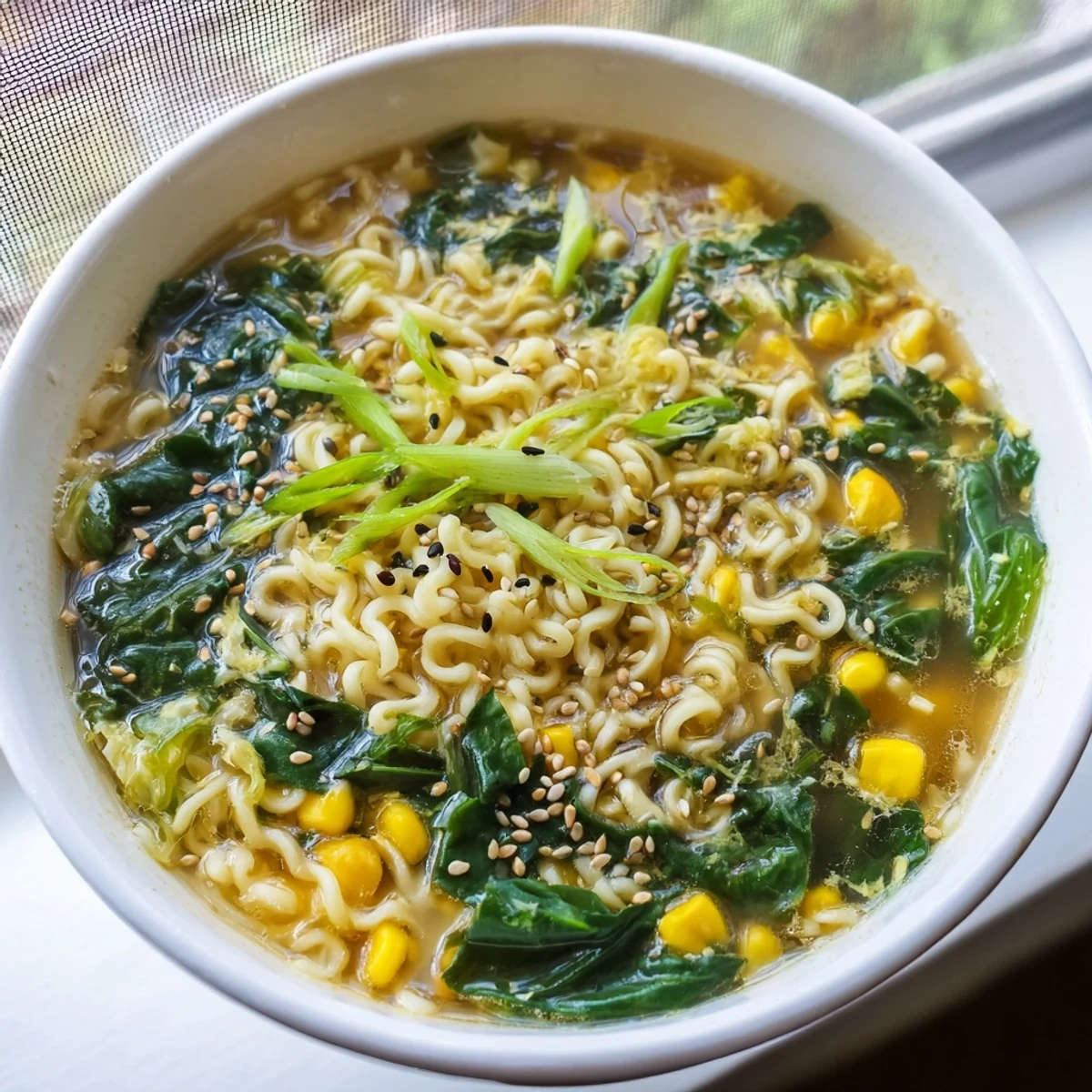 Quick Elevated Ramen Egg Drop Soup with creamy broth, golden egg swirls, and a dash of sesame oil.