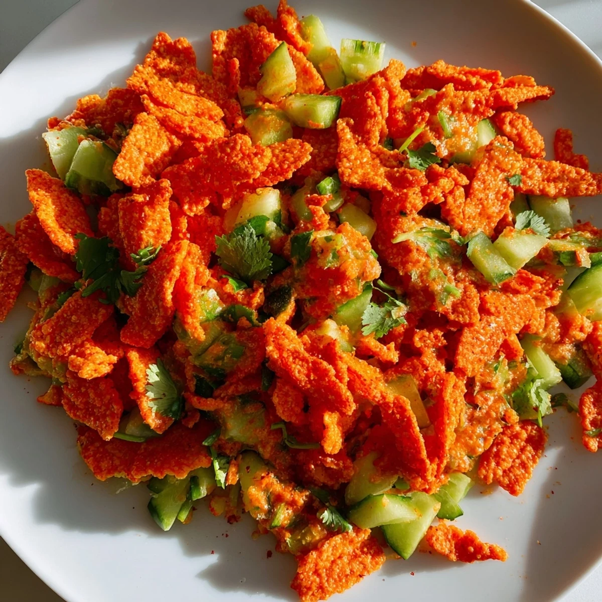 Crushed Flamin Hot Cheeto Salad tossed with crisp cucumber, fresh cilantro, and a zesty lime-hot sauce dressing.