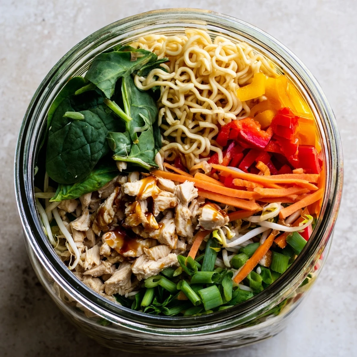 Overhead view of a portable Mason Jar Noodle Meal Prep, featuring noodles, scallions, and a small lime wedge garnish.
