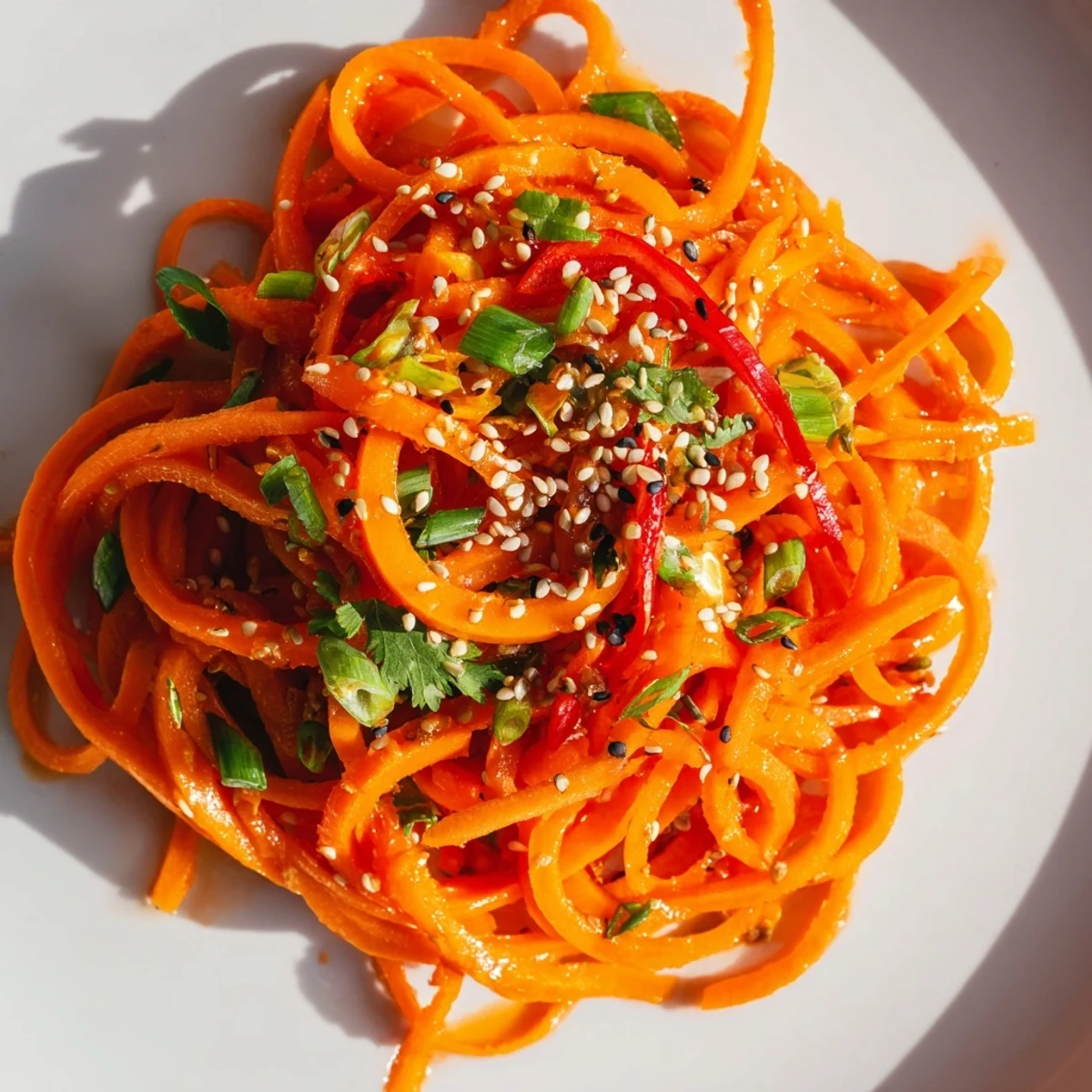 Thin carrot ribbons glisten in a savory soy-sesame dressing in this vibrant Asian-Style Carrot Ribbon Salad garnished with toasted sesame seeds.  