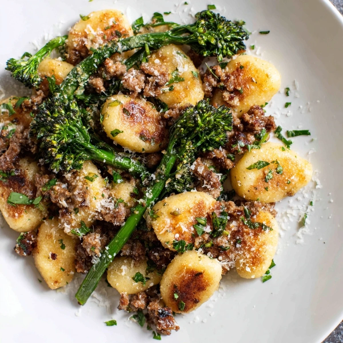 Sheet Pan Gnocchi Bake with golden gnocchi, crumbled sausage, and roasted broccolini on a baking sheet.  