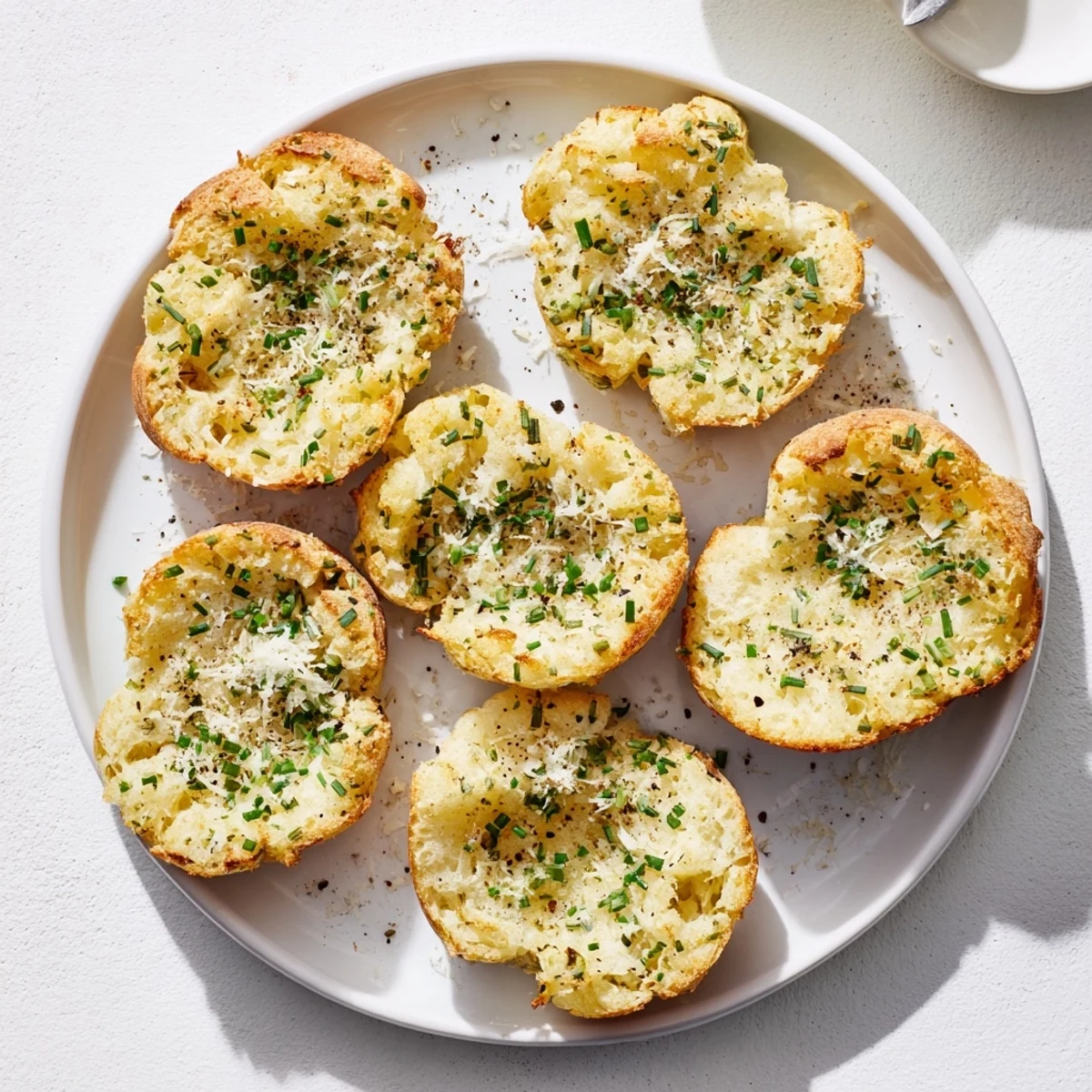 Golden-brown Cloud Bread Savory Toast topped with fresh chives and parsley on a rustic wooden board.