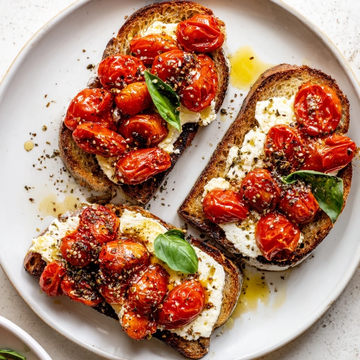 Golden, baked feta toast with roasted cherry tomatoes on crispy sourdough, topped with fresh basil for a Mediterranean snack.