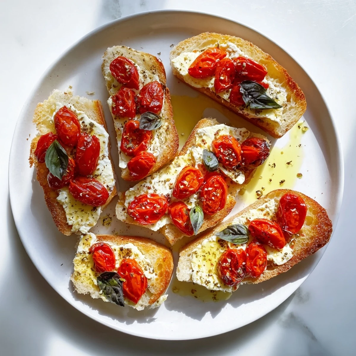 A vibrant baked feta toast with juicy tomatoes and olive oil, served warm for an easy vegetarian snack or appetizer.